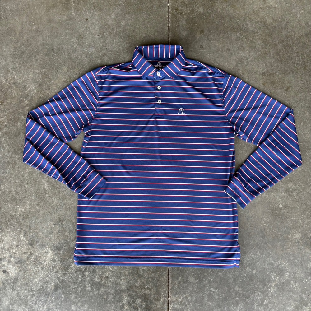 Rhoback Old Glory Stripe Long Sleeve Performance Polo Shirt Mens Medium USA Flag